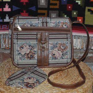 Vintage 80s Double Sided, Floral Rose Tapestry, Crossbody Purse + Change purse